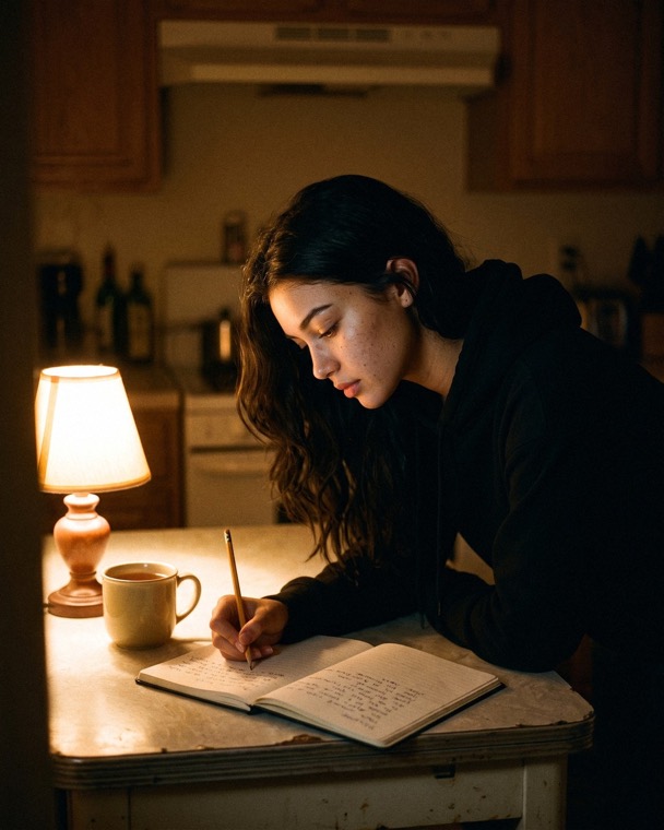 Nova Rai writing in a notebook by a small lamp in a kitchen at night